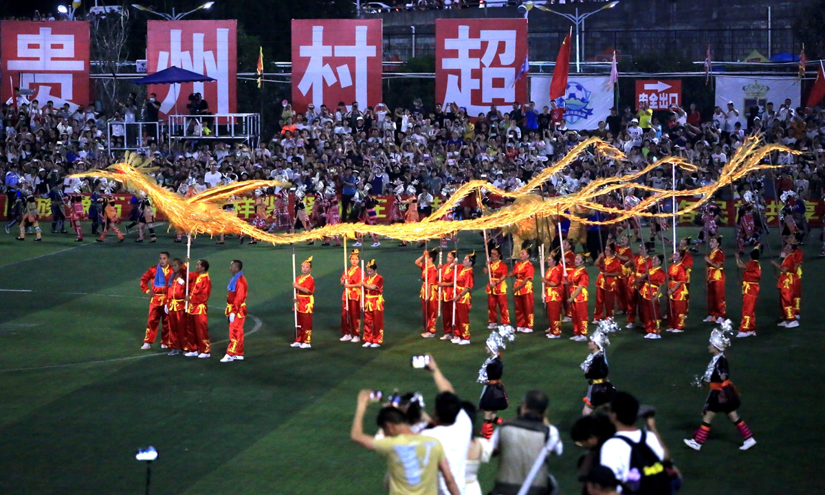 A performance is staged during the Village Super League final in Rongjiang county, Qiandongnan Miao and Dong Autonomous Prefecture, Southwest China's Guizhou Province on July 29, 2023. Photo: IC
