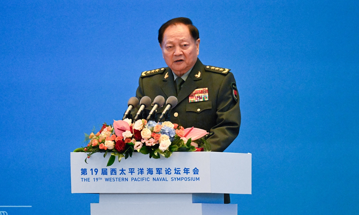 Zhang Youxia, vice chairman of the Central Military Commission, gives a speech during the opening ceremony of the 19th Western Pacific Naval Symposium in Qingdao, East China’s Shandong Province on April 22, 2024. Photo: AFP