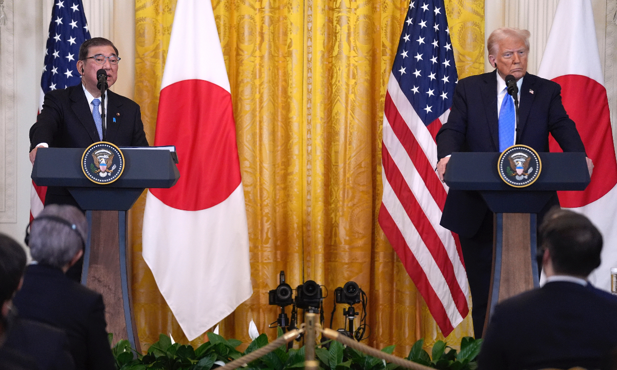 Japan's Prime Minister Shigeru Ishiba (left) speaks during a news conference with US President Donald Trump at the White House, in Washington DC, on February 7, 2025. Photo: VCG