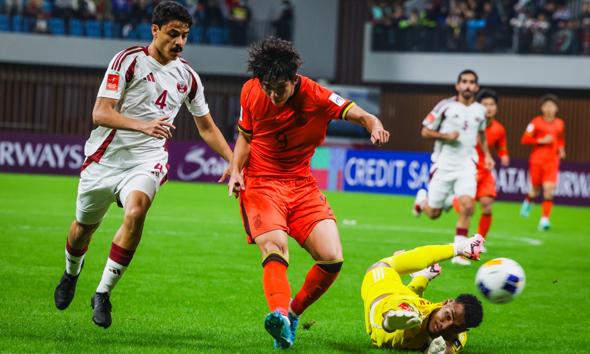 Liu Chengyu (No.9) of China scores against Qatar in their AFC U20 Asian Cup match in Shenzhen, South China's Guangdong Province, on February 12, 2025. Photo: VCG