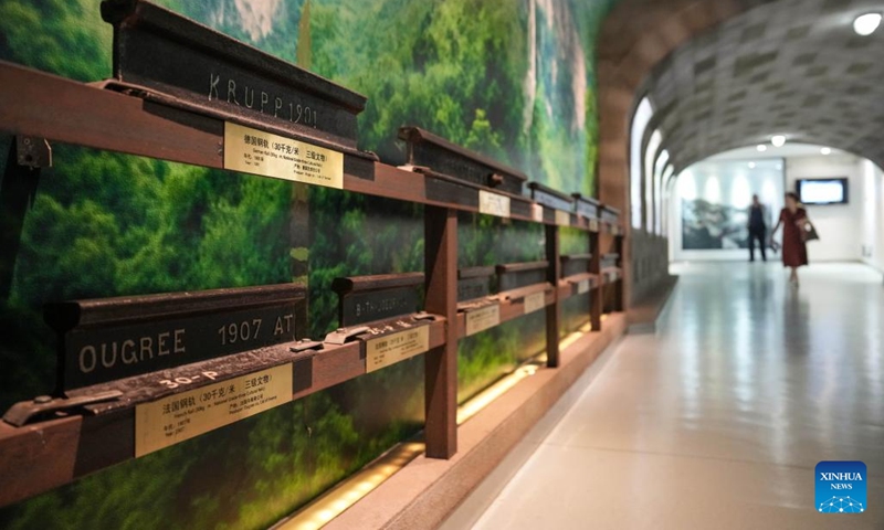 Samples of different railway tracks are pictured at Yunnan Railway Museum in Kunming, southwest China's Yunnan Province, May 14, 2025. Housed in Kunming North Railway Station, the Yunnan Railway Museum takes the century-long development history of Yunnan railway as the leading story line to narrate the frog-leaping evolution railway gauge standards from meter gauge to inch gauge, and standard gauge, as well as railway technologies from steam locomotives to high-speed rails. (Photo: Xinhua)